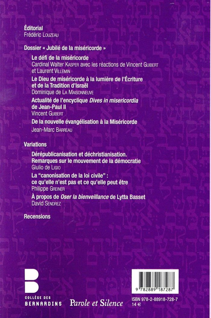 Quatrième de couverture de « REVUE THEOLOGIQUE DES BERNARDINS JUBILE DE LA MISERICORDE 15 »