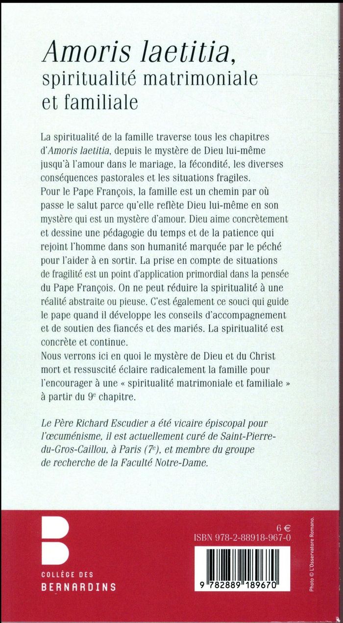 Quatrième de couverture de « AMORIS LAETITIA : SPIRITUALITE MATRIMONIALE ET FAMILIALE »