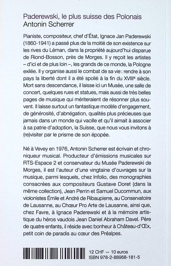 Quatrième de couverture de « Paderewski : le plus Suisse des Polonais »