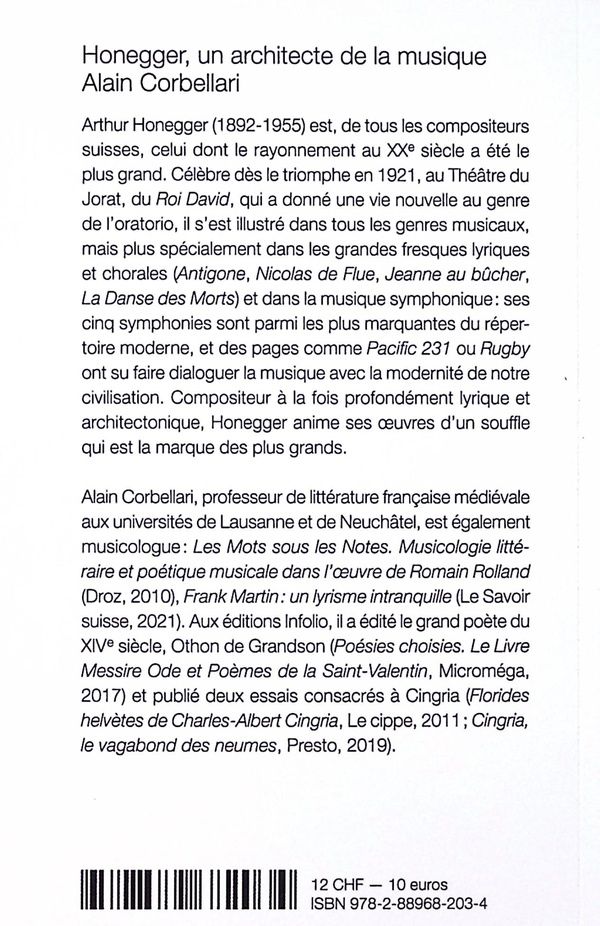 Quatrième de couverture de « Honegger, un architecte de la musique »