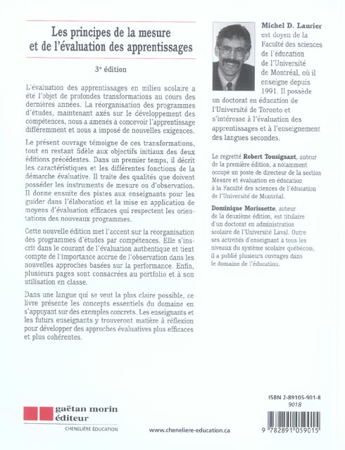 Quatrième de couverture de « LES PRINCIPES DE LA MESURE ET DE L'EVALUATION DES APPRENTISSAGES »