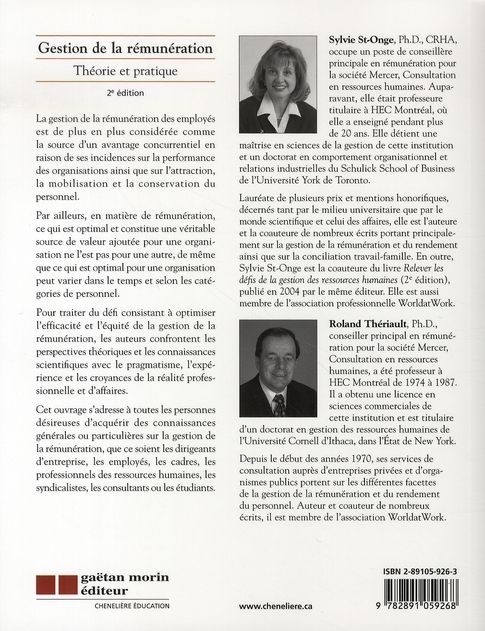 Quatrième de couverture de « GESTION DE LA REMUNERATION - THEORIE ET PRATIQUE »