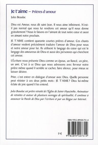 Quatrième de couverture de « JE T'AIME PRIERES D'AMOUR »
