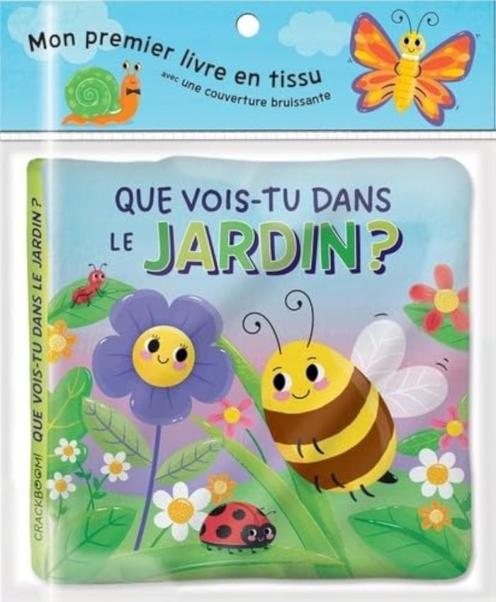 Couverture du livre « QUE VOIS-TU DANS LE JARDIN ? - MON PREMIER LIVRE EN TISSU AVEC UNE COUVERTURE BRUISSANTE », librairie Les Contes Infusés à Corte