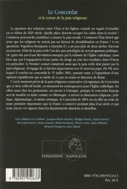 Quatrième de couverture de « LE CONCORDAT ET LE RETOUR DE LA PAIX RELIGIEUSE - INSTITUT NAPOLEON N 4 »