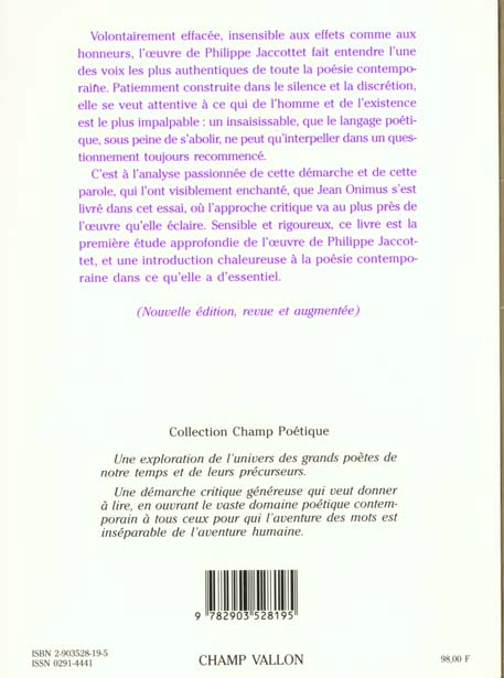 Quatrième de couverture de « PHILIPPE JACCOTTET : UNE POETIQUE DE L'INSAISISSABLE »