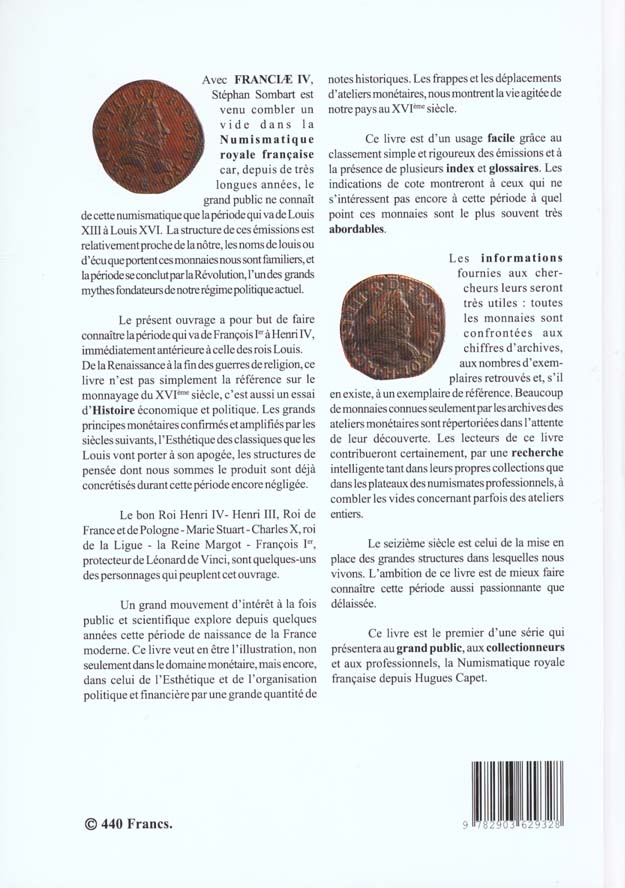 Quatrième de couverture de « FRANCIAE IV MONNAIES ROYALES 1540-1610 »