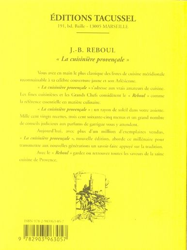Quatrième de couverture de « LA CUISINIERE PROVENCALE - 1120 RECETTTES, 365 MENUS, UN POUR CHAQUE JOUR DE L'ANNEE »