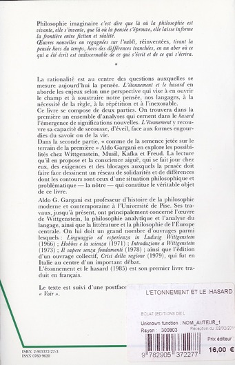 Quatrième de couverture de « L'ETONNEMENT ET LE HASARD »