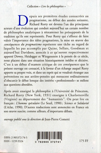 Quatrième de couverture de « LIRE RORTY - LE PRAGMATISME ET SES CONSEQUENCES »