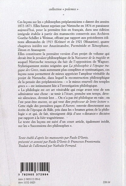 Quatrième de couverture de « LES PHILOSOPHES PREPLATONICIENS »