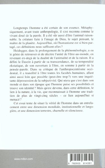 Quatrième de couverture de « HEIDEGGER ET L'ESSENCE DE L'HOMME »