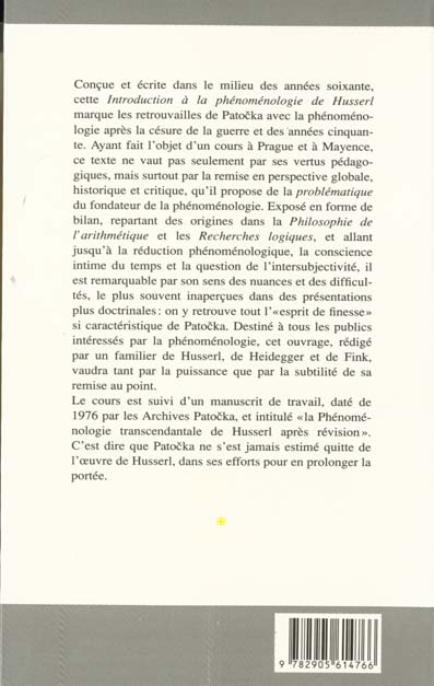 Quatrième de couverture de « INTRODUCTION A LA PHENOMENOLOGIE DE HUSSERL »