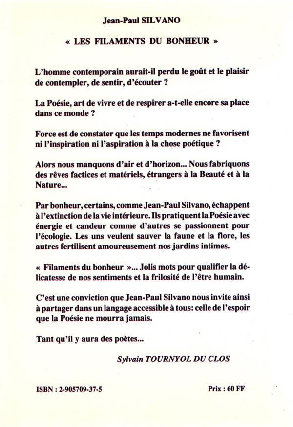 Quatrième de couverture de « FILAMENTS DU BONHEUR (LES) »