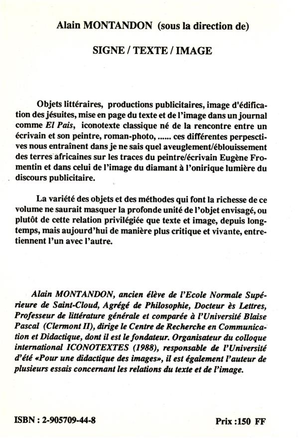 Quatrième de couverture de « SIGNE/TEXTE/IMAGE »