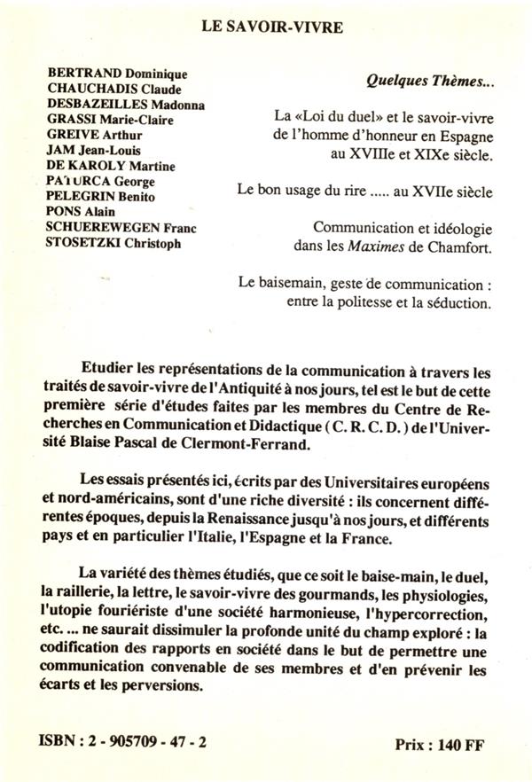 Quatrième de couverture de « SAVOIR VIVRE »