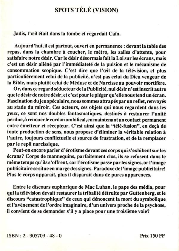 Quatrième de couverture de « SPOTS TELE(VISION) - ANALYSES THEORIQUES ET PRAGMATIQUES »