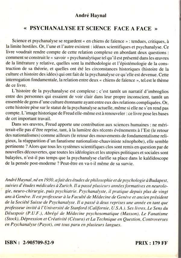 Quatrième de couverture de « PSYCHANALYSE ET SCIENCE FACE A FACE »