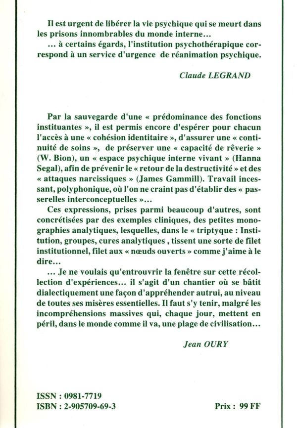 Quatrième de couverture de « UNE INSTITUTION DE PSYCHOTHERAPIE POPULAIRE  LA CHAVANNERIE TOME 2 »