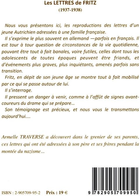 Quatrième de couverture de « LES LETTRES DE FRITZ - 1937 - 1938 »
