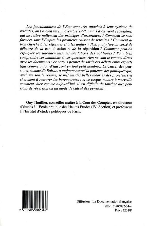 Quatrième de couverture de « LES RETRAITES DES FONCTIONNAIRES T1 ET T2 - DEBATS ET DOCTIRNES : 1790-1914 »