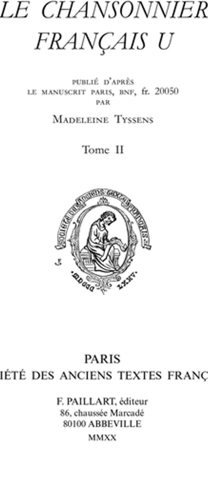Couverture du livre « LE CHANSONNIER FRANCAIS U, T2 (ET DERNIER) » de Madeleine Tyssens, librairie Les Contes Infusés à Corte