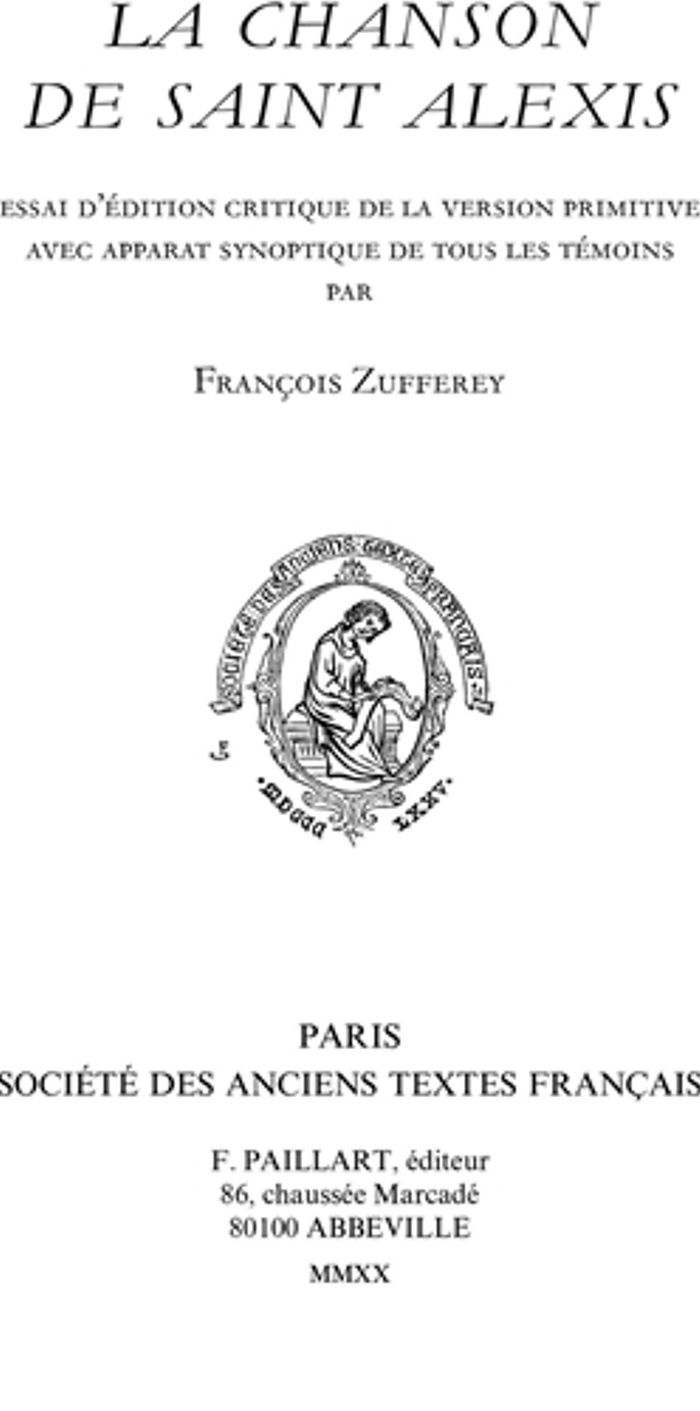 Couverture du livre « LA CHANSON DE SAINT ALEXIS » de Francois Zufferey, librairie Les Contes Infusés à Corte