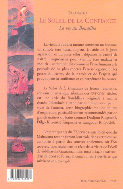 Quatrième de couverture de « LE SOLEIL DE LA CONFIANCE LA VIE DU BOUDDHA »