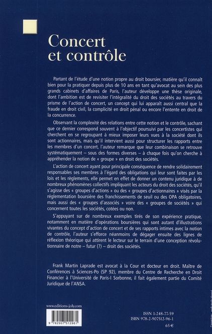 Quatrième de couverture de « CONCERT ET CONTROLE - PLAIDOYER EN FAVEUR D'UNE RECONNAISSANCE DE L'ACTION DE CONCERT PAR LE DROIT C »