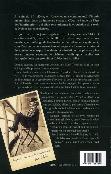 Quatrième de couverture de « N° 44, le mystérieux étranger : un conte ancien trouvé dans une cruche et traduit librement de cette cruche »