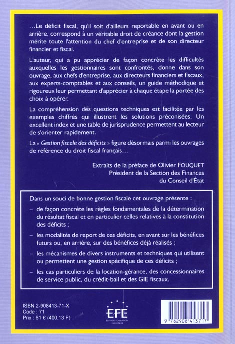Quatrième de couverture de « GESTION FISCALE DES DEFICITS DE L'ENTREPRISE - 2EME EDITION »