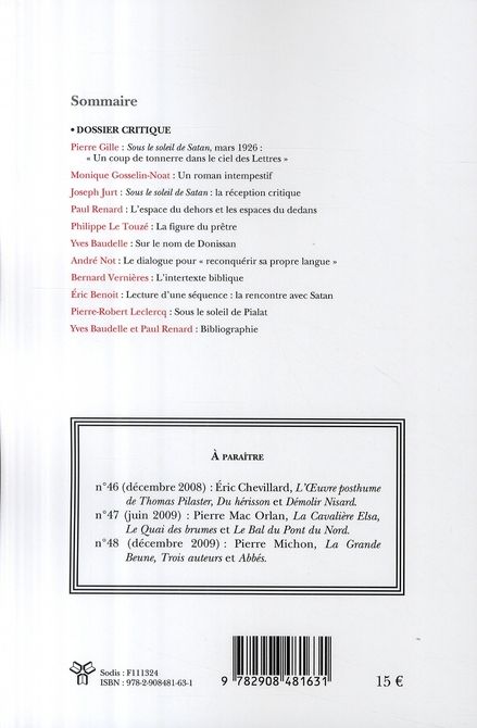 Quatrième de couverture de « ROMAN 20-50, HORS SERIE N 4/NOVEMBRE 2008 - GEORGE BERNANOS, SOUS LE SOLEIL DE SATAN »