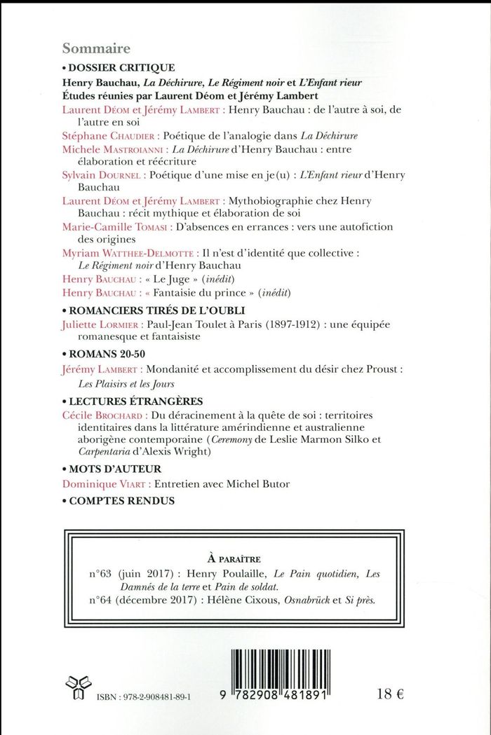 Quatrième de couverture de « HENRY BAUCHAU, LA DECHIRURE, LE REGIMENT NOIR ET L'ENFANT RIEUR - REVUE D'ETUDE DU ROMAN DES XXE ET »