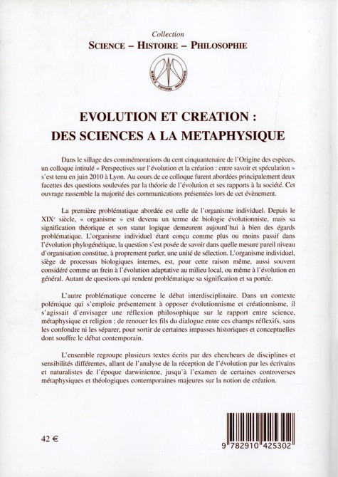 Quatrième de couverture de « EVOLUTION ET CREATION: DES SCIENCES A LA METAPHYSIQUE »
