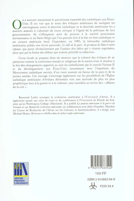 Quatrième de couverture de « LES CATHOLIQUES AMERICAINS ET LA GUERRE AU XXE SIECLE »