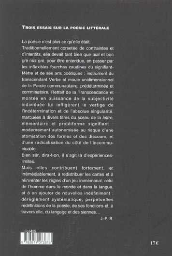 Quatrième de couverture de « TROIS ESSAIS DE POESIE LITTERALE »