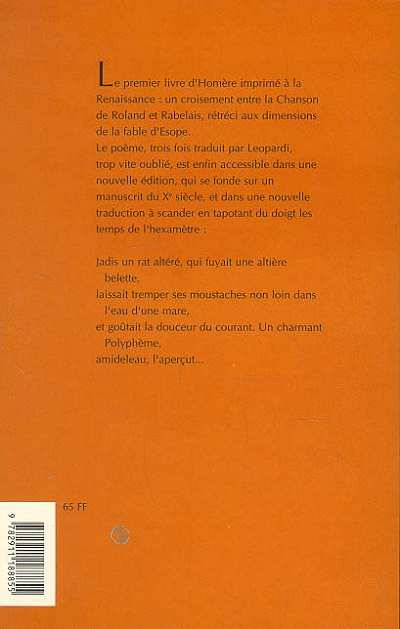 Quatrième de couverture de « LA BATRACHOMYOMACHIE »