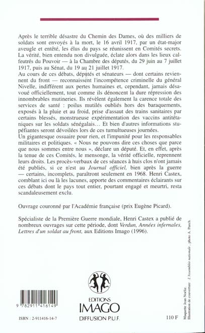 Quatrième de couverture de « AFFAIRE DU CHEMIN DES DAMES (L') LES COMITES SECRETS (1917) »