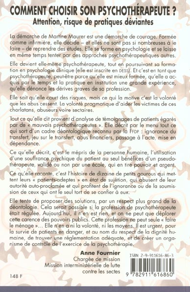 Quatrième de couverture de « COMMENT CHOISIR SON PSYCHOTHERAPEUTE ? - ATTENTION, RISQUE DE PRATIQUES DEVIANTES »