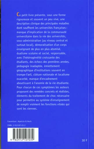 Quatrième de couverture de « QUELQUES DIAGNOSTICS ET REMEDES URGENTS POUR UNE UNIVERSITE EN PERIL »