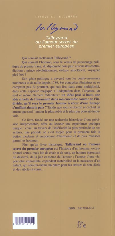 Quatrième de couverture de « TALLEYRAND OU AMOUR SECRET 1ER EUROP. »