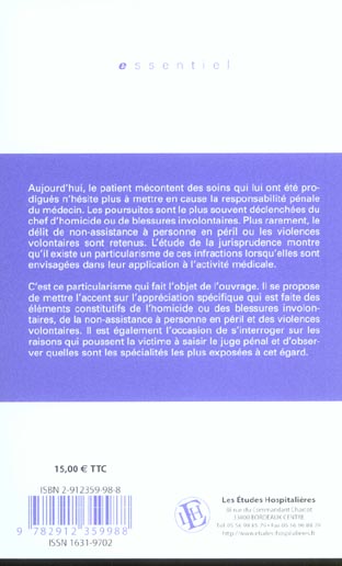Quatrième de couverture de « LA RESPONSABILITE PENALE DU MEDECIN LES PRINCIPALES INFRACTIONS CONTRE LES PERSONNES »