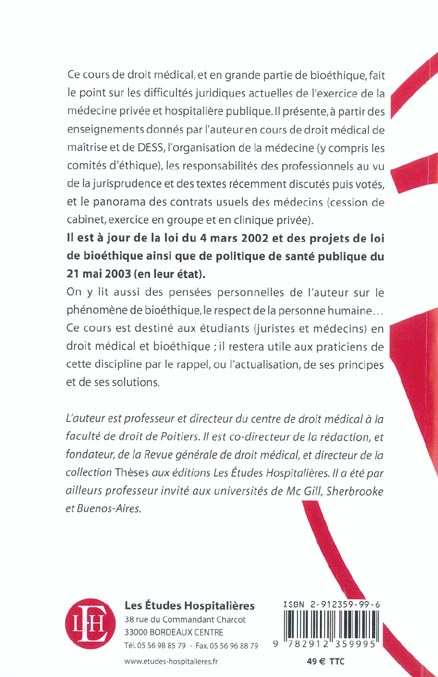 Quatrième de couverture de « COURS DE DROIT MEDICAL 2E ED »