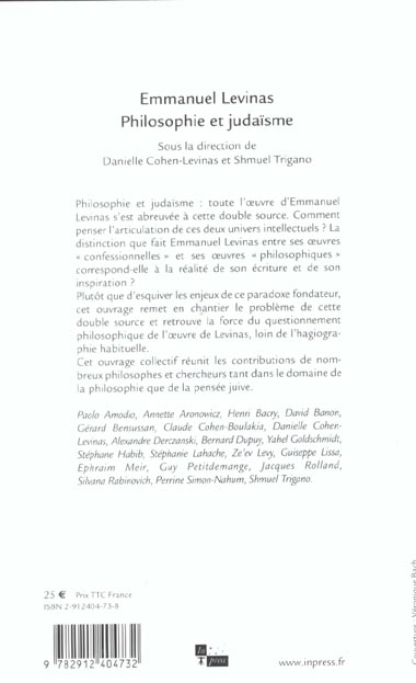 Quatrième de couverture de « EMMANUEL LEVINAS : PHILOSOPHIE ET JUDAISME »