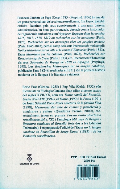 Quatrième de couverture de « RECHERCHES HISTORIQUES SUR LA LANGUE CATALANE - 1824 »