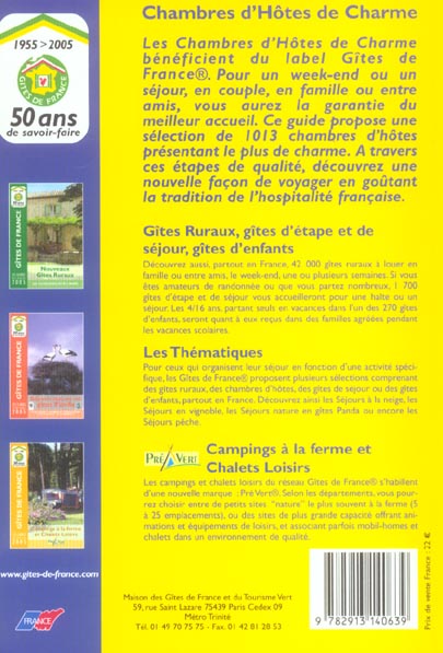 Quatrième de couverture de « CHAMBRES HOTES CHARME 2005 »