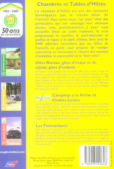 Quatrième de couverture de « CHAMBRES ET TABLES D'HOTE 2005 »