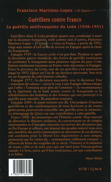 Quatrième de couverture de « GUERILLERO CONTRE FRANCO - LA GUERILLA ANTIFRANQUISTE DU LEON (1936-1951) »