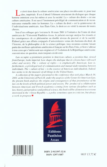 Quatrième de couverture de « LE DROIT DANS LA CULTURE AMERICAINE - SOUS LA DIRECTION DE  PH. RAYNAUD ET E. ZOLLER. »