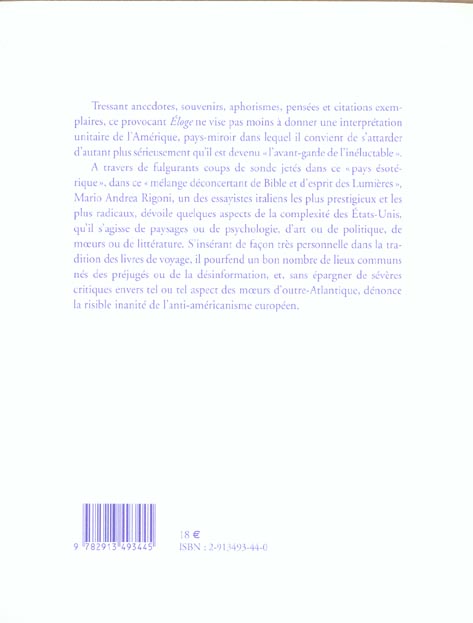 Quatrième de couverture de « ELOGE DE L'AMERIQUE »